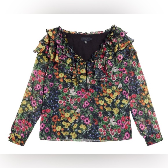 NWT! $195 Ted Baker London Floral Ruffle Blouse Black Floral MulticolorSize S - Picture 6 of 9